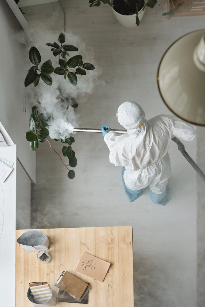 Aerial view of a person in protective gear fumigating an indoor space with smoke.